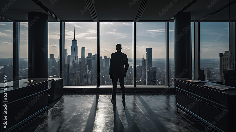 Businessman looking through big windows, top floor, success, thinking, big city background - created with generative AI technology