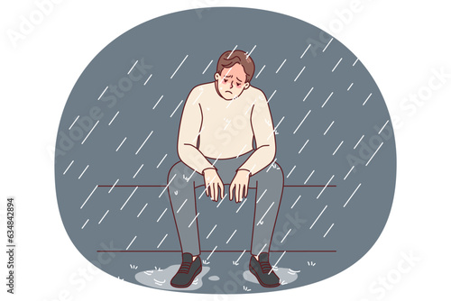 Unhappy man sitting on bench under rain feeling depressed and lonely. Sad male suffer from depression or mental problems. Stress and solitude. Vector illustration.