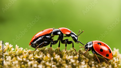 AI-Generated: Vibrant Spring Flora in Finland: Red Coccinellidae (Lady Beetle) on Fresh Green Leaf, Macro Closeup - Natural Beauty, Botany & Ecology in Full Bloom.