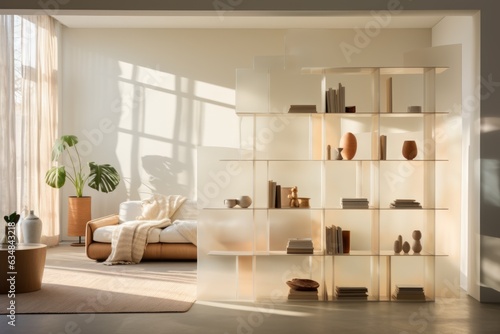 A minimalist-inspired room divider combines translucent acrylic panels and floating shelves, seamlessly blending storage and separation. Generative AI