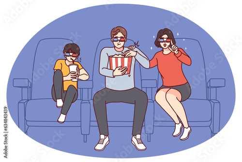 Happy family with 3d glasses enjoy movie in cinema together. Smiling parents and son have fun watching film in theater on weekend. Entertainment concept. Vector illustration.