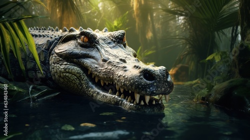  a large alligator with its mouth open in a body of water.  generative ai © Olga
