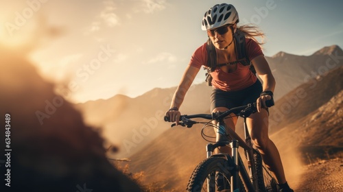 A female bicyclist riding in a mountainous terrain. Extreme cycling. Cycling sport photo