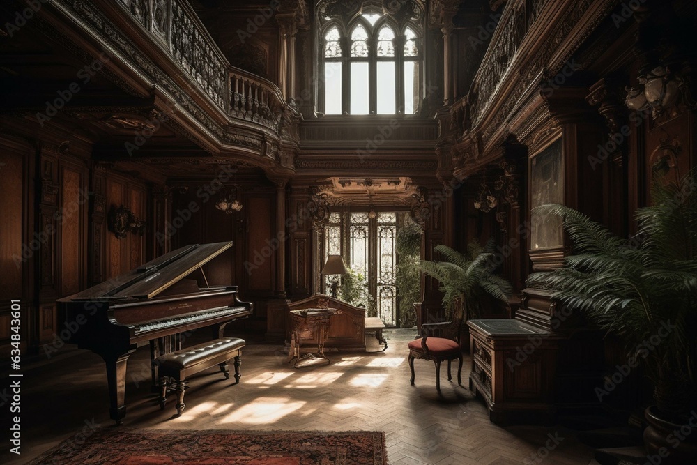 A castle with a piano, fireplace, and music room featuring a blend of baroque and art nouveau styles. Generative AI