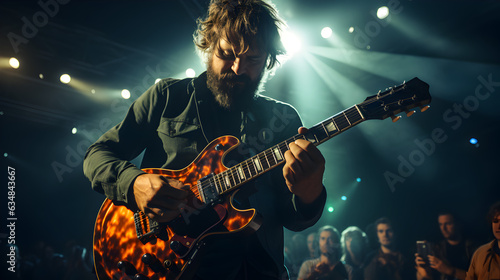 A rock band is performing on stage. Guitarist, bass guitar and drums. The guitarist is in the foreground. Close up