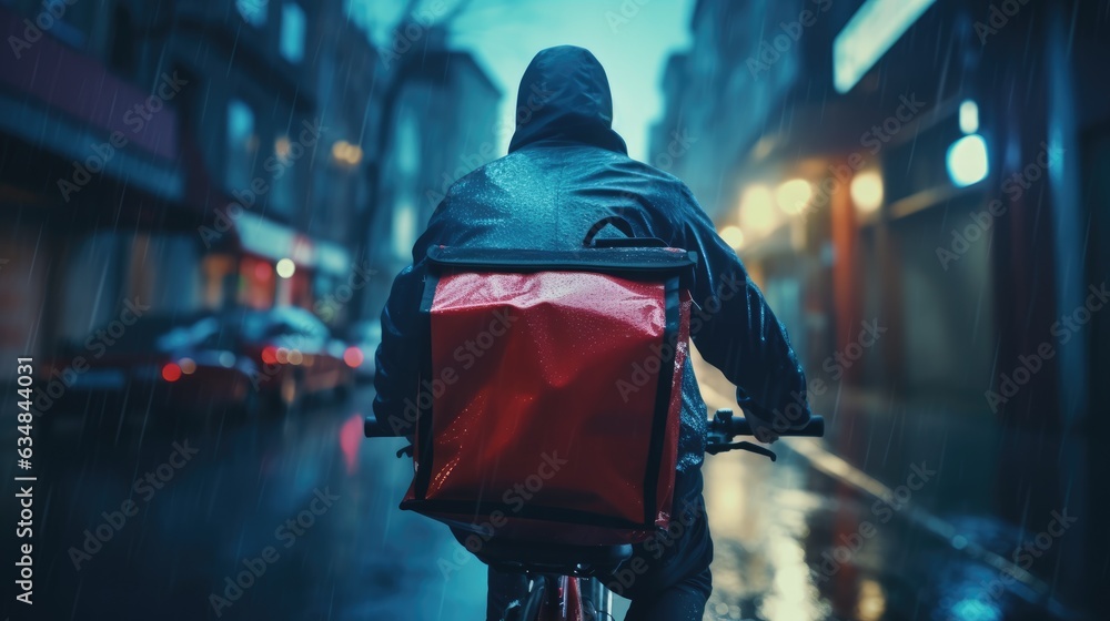 Ai generative image of food delivery man riding a bicycle on a city street with a large backpack in the rain Ai generative image of food delivery man riding a bicycle on a city street with a large backpack in the rain