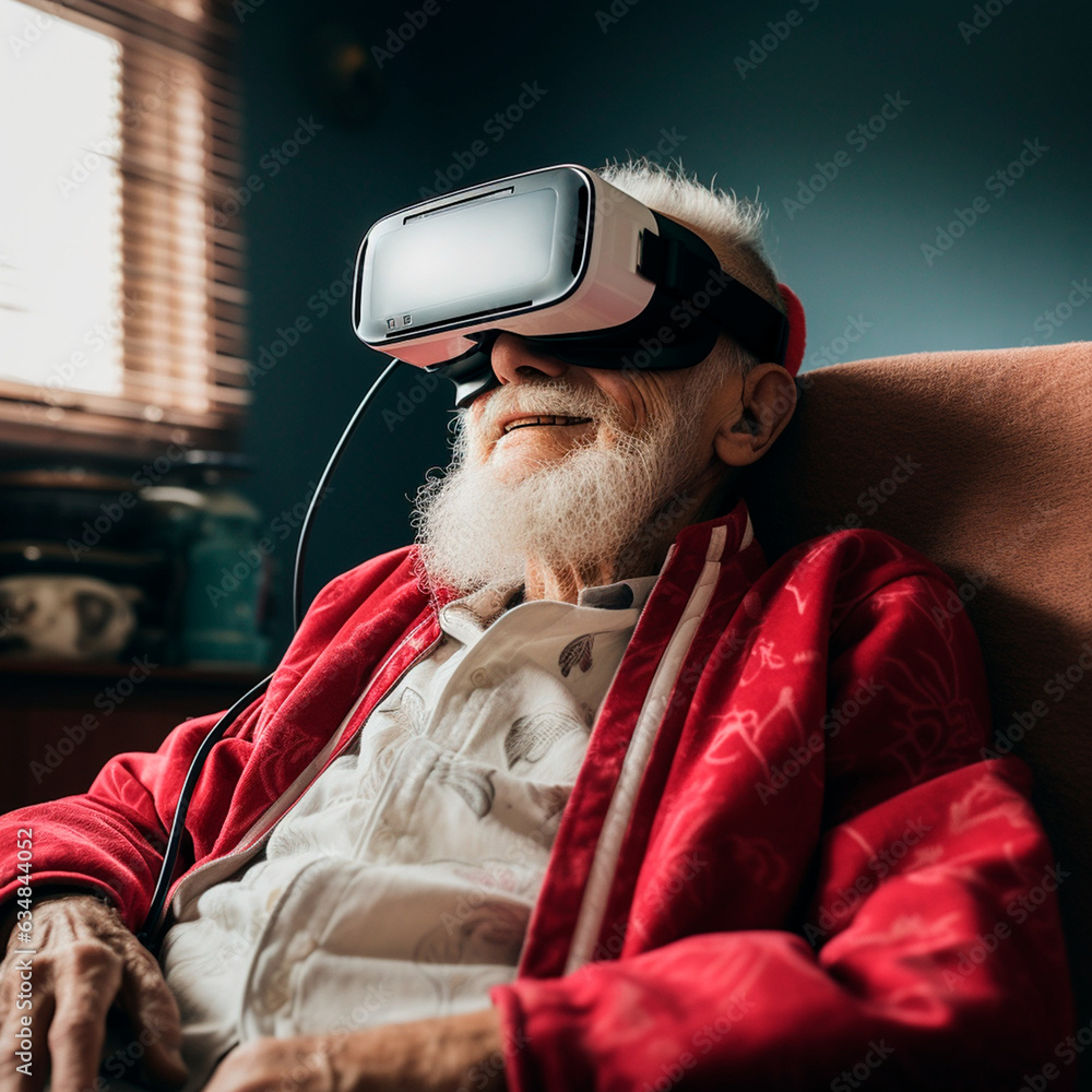 AI generated: illustration of an elderly man wearing virtual reality goggles. Technology in the elderly.