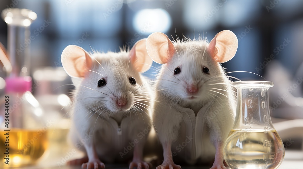Laboratory mouse. Potions and flasks for studying the effect of cosmetic and medical products on rodents. Concept: Problems of regulation of laws for cruelty to animals.
Laboratory mouse. Potions and flasks for studying the effect of cosmetic and medical products on rodents. Concept: Problems of regulation of laws for cruelty to animals.