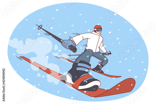 Man in outerwear skiing on snow hill on vacation. Excited person do active extreme winter sports on holidays. Flat vector illustration.