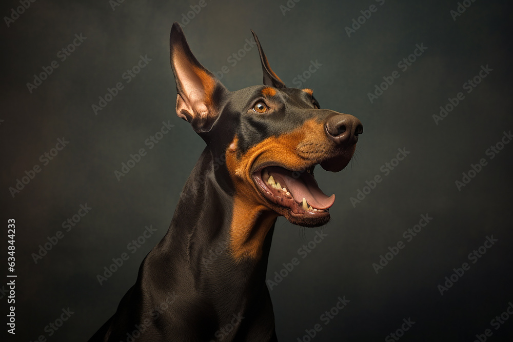 Happy funny Doberman Pinscher, black background