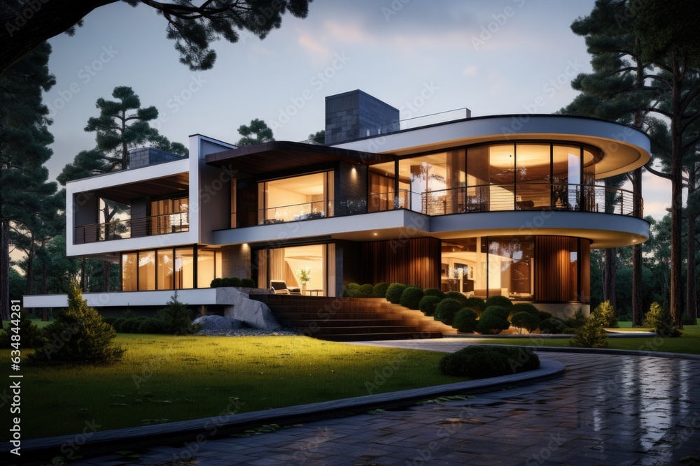 A striking modern house front elevation design showcases clean lines and bold geometric shapes, making a statement in contemporary architecture. Generative AI A striking modern house front elevation design showcases clean lines and bold geometric shapes, making a statement in contemporary architecture. Generative AI