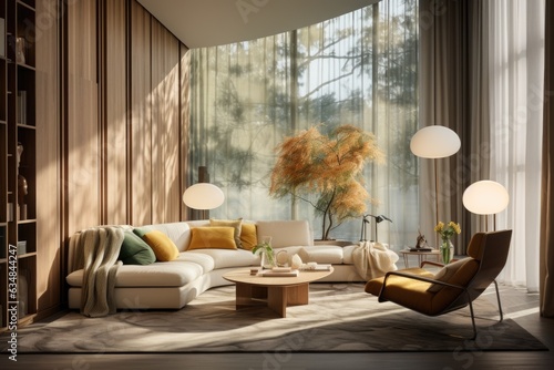 Soft and inviting, a curtain-based room divider complements the room's color palette, creating a cozy reading corner within the expansive space. Generative AI