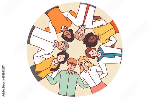 Bottom view of diverse multiracial people stand in circle hugging showing unity and support. Multiethnic men and women embrace demonstrate shared values. Vector illustration.
