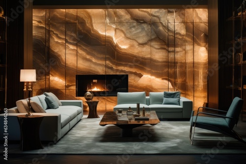 Illuminated by soft backlighting, a backlit onyx partition wall exudes opulence, creating a mesmerizing focal point in the living room. Generative AI © Ivy