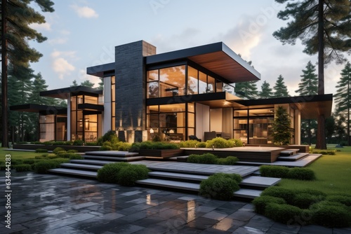 A striking modern house front elevation design showcases clean lines and bold geometric shapes, making a statement in contemporary architecture. Generative AI