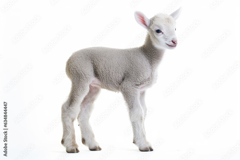 Fototapeta premium Cutout of a young sheep lamb looking at the camera on a white backdrop. full length side view of the body idea of innocence and giving something up. nobody is present. a space bar