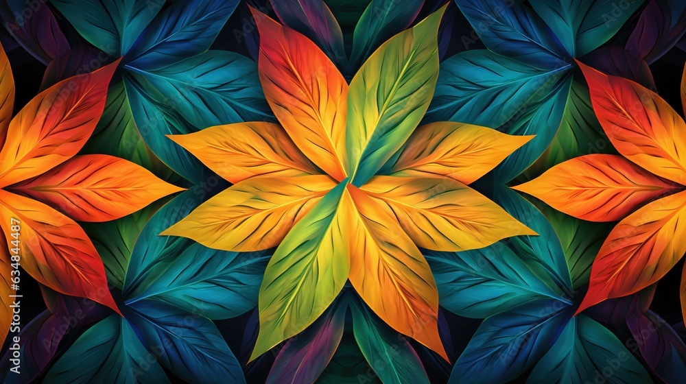  a painting of a colorful flower with leaves on it's sides.  generative ai