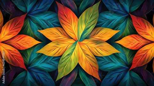  a painting of a colorful flower with leaves on it s sides.  generative ai