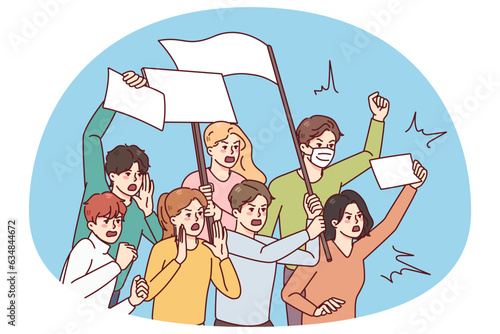 Angry people with placards protest on demonstration or riot. Furious activists stand against discrimination on meeting. Vector illustration.