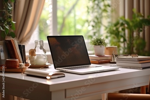 Wallpaper Mural From the front, a laptop computer with a white blank screen is visible resting on a work desk. Lovely desk and computer area. fictitious computer Torontodigital.ca