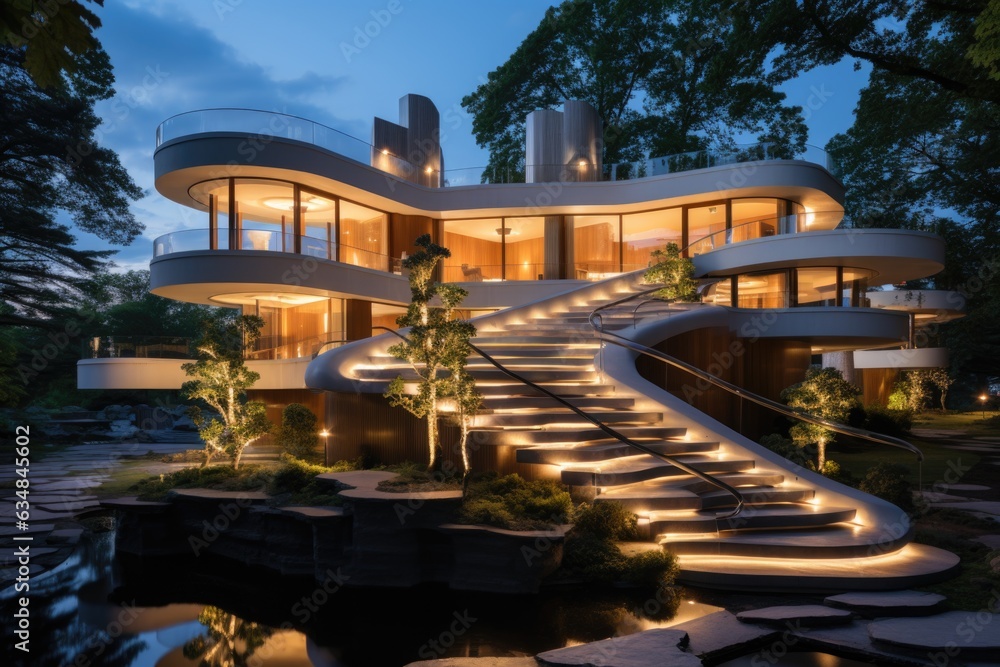 A contemporary masterpiece unfolds with a sculptural staircase that spirals around the home front, adding architectural flair to the facade. Generative AI