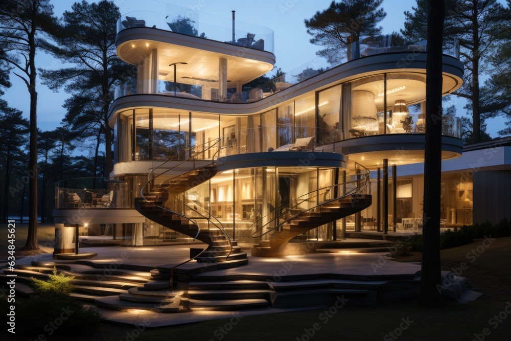 Obraz premium A contemporary masterpiece unfolds with a sculptural staircase that spirals around the home front, adding architectural flair to the facade. Generative AI