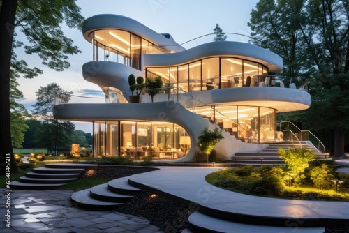 A contemporary masterpiece unfolds with a sculptural staircase that spirals around the home front, adding architectural flair to the facade. Generative AI © Ivy