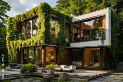 A harmonious blend of nature and design unfolds with a living green wall that spans the height of the house front, adding a touch of eco-friendly luxury. Generative AI © Ivy