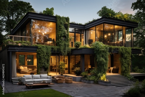 A harmonious blend of nature and design unfolds with a living green wall that spans the height of the house front, adding a touch of eco-friendly luxury. Generative AI