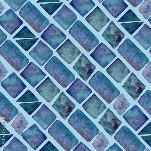 Watercolor seamless hand drawn geometric pattern with colorful rhombuses alike brickwork in blue shades