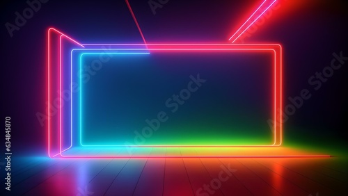 A room with vibrant neon lights and a mysterious square object