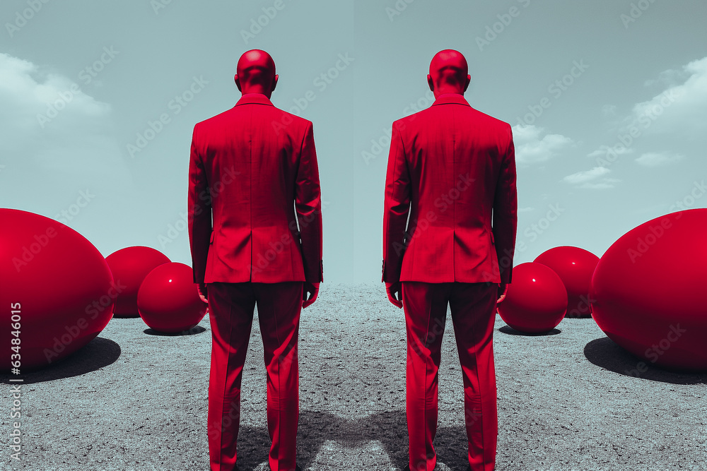 Hommes en rouge de dos, debout dans un champ de boules rouges, image surréaliste - Générative IA - obrazy, fototapety, plakaty 