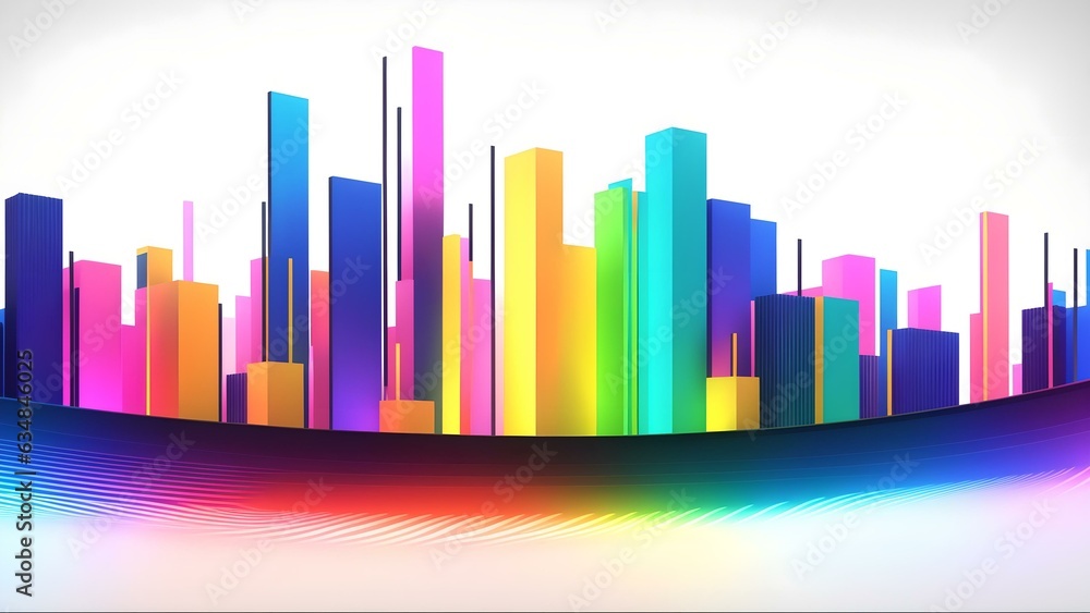 A vibrant city skyline against a clean white backdrop