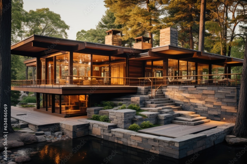 A fusion of materials defines the modern house front elevation design, with a combination of stone, wood, and glass exuding a multi-dimensional charm. Generative AI