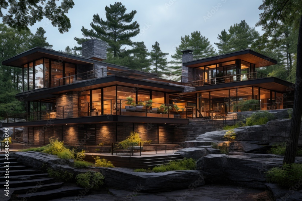 A fusion of materials defines the modern house front elevation design, with a combination of stone, wood, and glass exuding a multi-dimensional charm. Generative AI A fusion of materials defines the modern house front elevation design, with a combination of stone, wood, and glass exuding a multi-dimensional charm. Generative AI