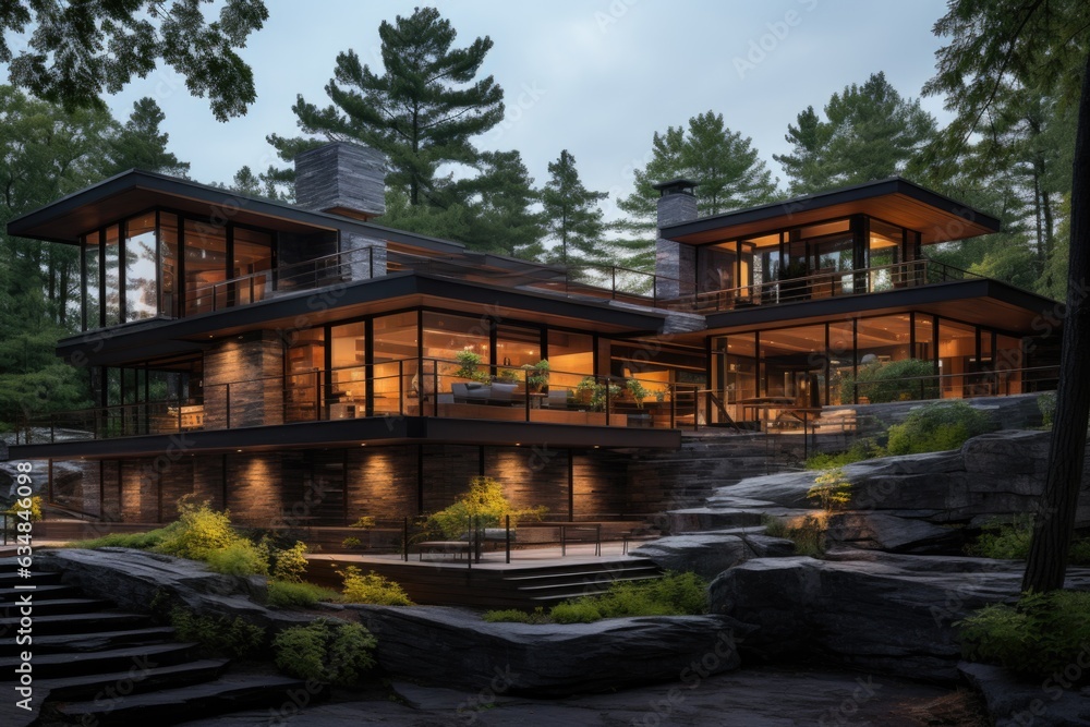 A fusion of materials defines the modern house front elevation design, with a combination of stone, wood, and glass exuding a multi-dimensional charm. Generative AI