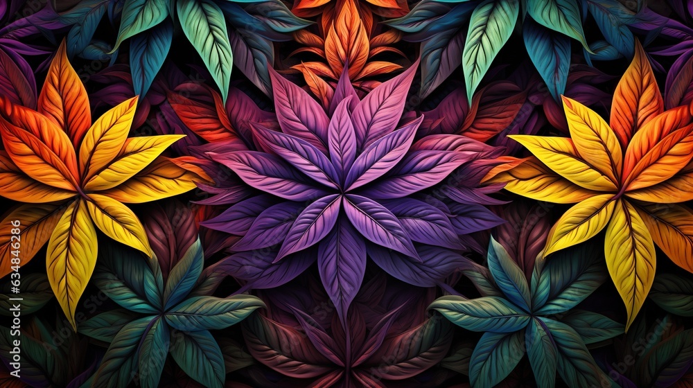 a painting of colorful leaves on a black background with a red, yellow, green, purple, and orange color scheme. generative ai a painting of colorful leaves on a black background with a red, yellow, green, purple, and orange color scheme. generative ai