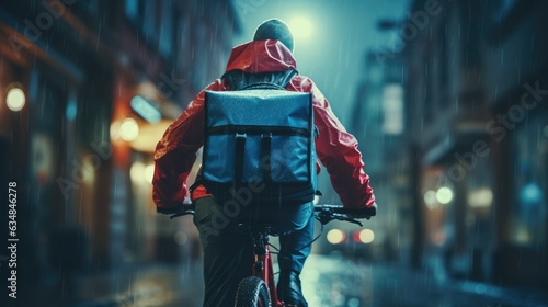 Ai generative image of food delivery man riding a bicycle on a city street with a large backpack in the rain