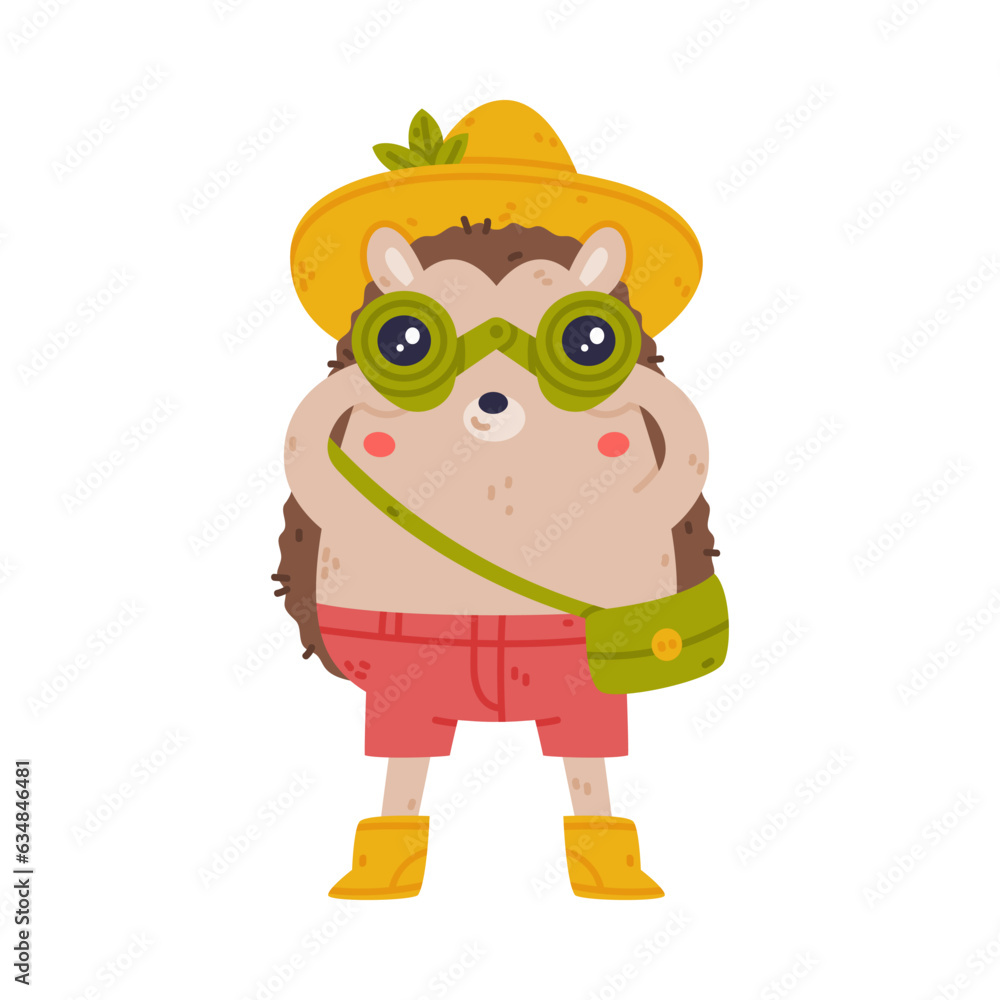 Fototapeta premium Cute Hedgehog Character in Hat and Shorts Watching Binoculars Vector Illustration