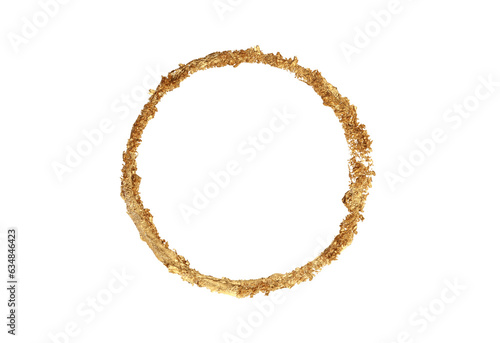 Gold (bronze) glitter empty circle frame isolated on white background. Abstract copy space texture.