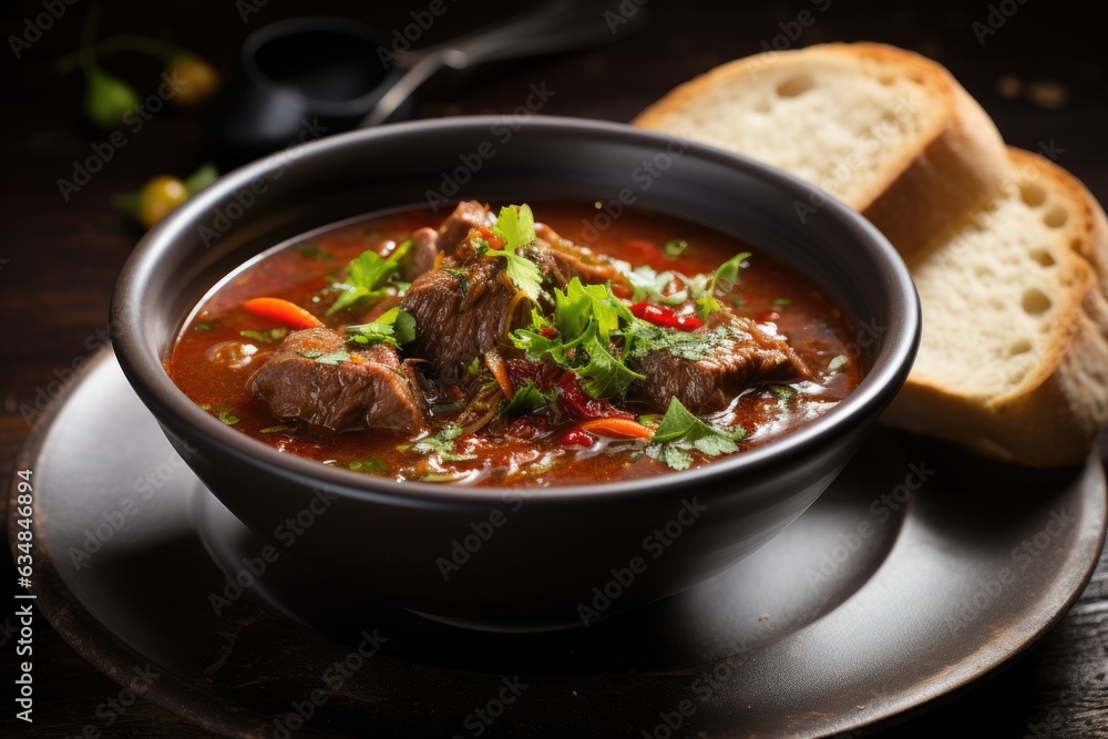 A bowl of steaming stew with chunks of meat, potatoes, and peppers, served with bread. A bowl of steaming stew with chunks of meat, potatoes, and peppers, served with bread.
