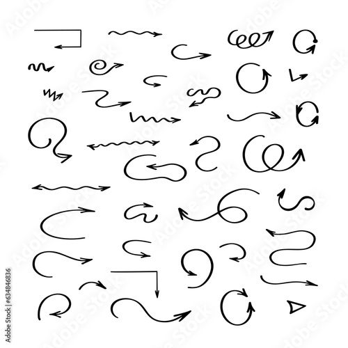Arrows set simple hand drawn vector illustration, free form signs pointing different directions