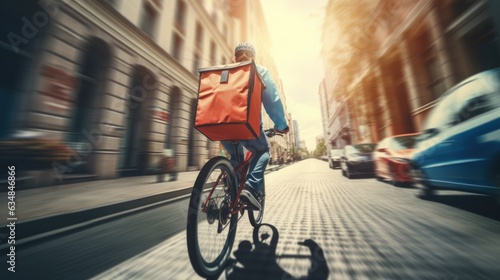 Ai generative image of food delivery man riding a bicycle on a city street with a large backpack on sunset © masyastadnikova