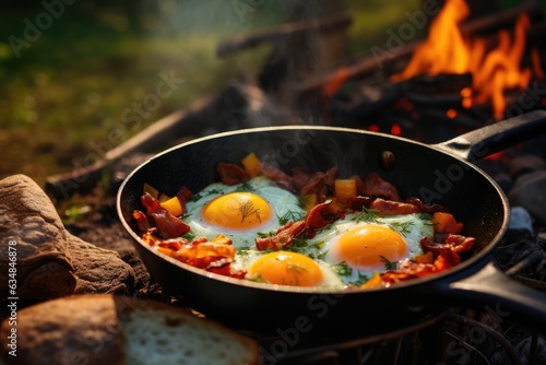 Campfire breakfast with eggs and bacon cooked in a skillet.
