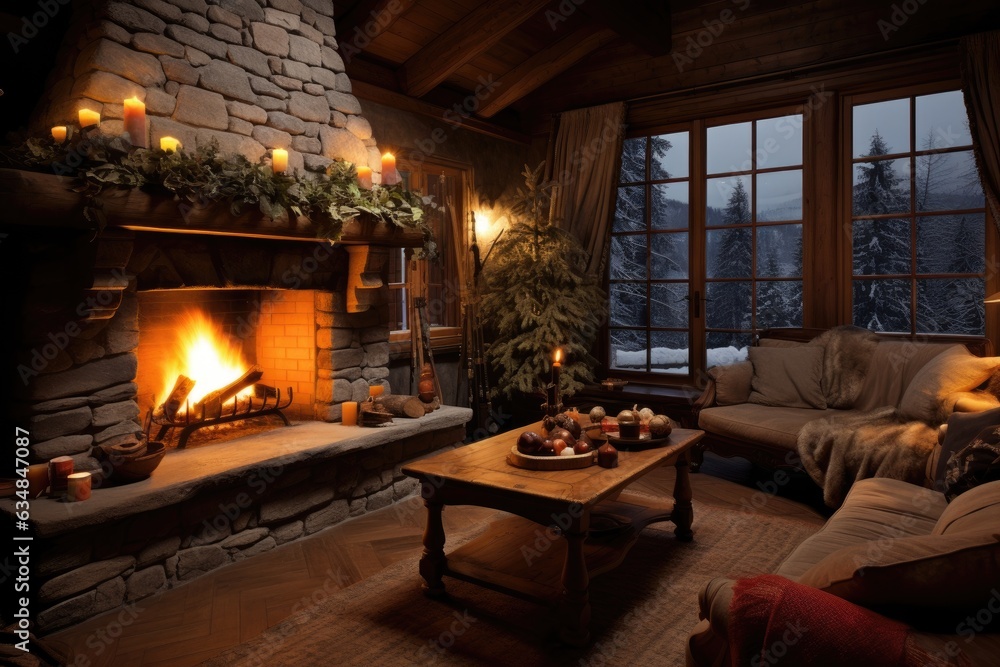 A cozy living room with a fireplace and chairs, the fireplace is lit by candles and the chairs are covered in blankets. A cozy living room with a fireplace and chairs, the fireplace is lit by candles and the chairs are covered in blankets.
