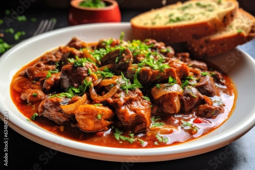 A plate of hearty beef stew with mushrooms and parsley.