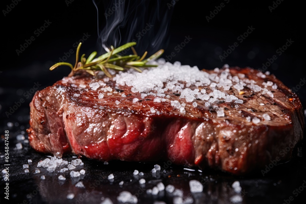 A close-up of a grilled steak on a black surface, with salt and pepper sprinkled on top.