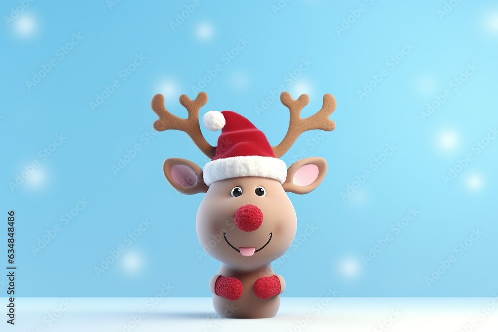 Cute reindeer with Santa hat on light blue background 3D Rendering, 3D Illustration | Generative AI