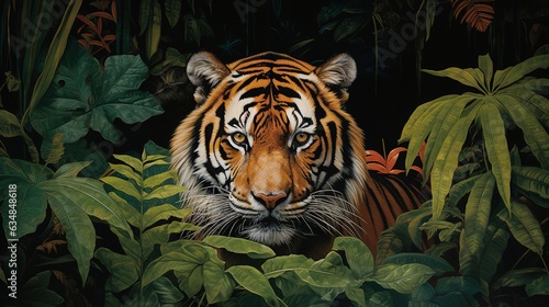  a painting of a tiger in the middle of a jungle.  generative ai © Anna