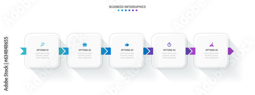 Timeline infographic with infochart. Modern presentation template with 5 spets for business process. Website template on white background for concept modern design. Horizontal layout.